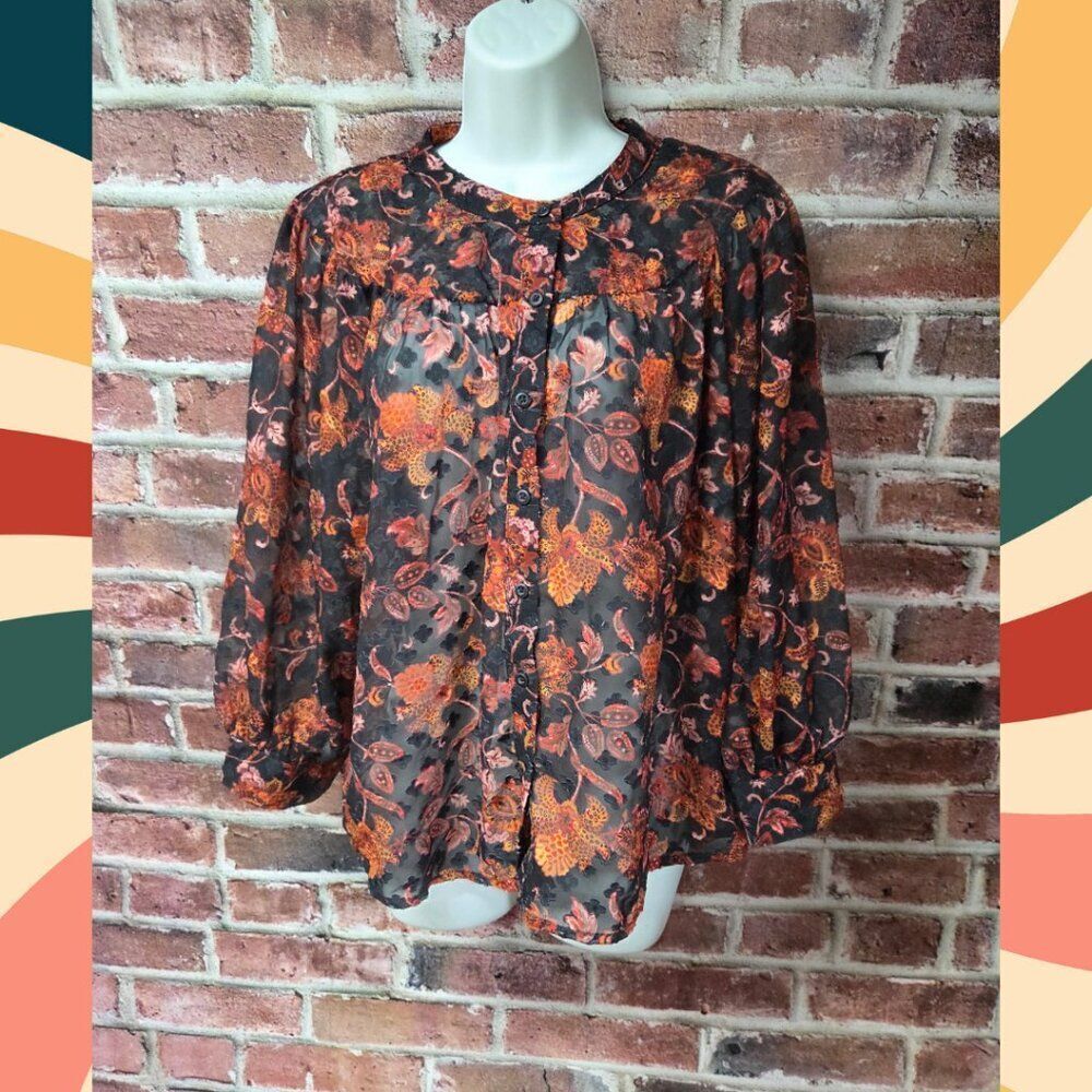 Ophelia Roe Floral Blouse XL | Boho Shabby Chic Puff Sleeve Round Hem Orange Top